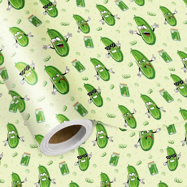 Main image of Funny Pickle Wrapping Paper Roll, Cartoon Pickle Food Pattern Gift Wrap for Birthday, Teens, Food Lovers, Party & Gag Gifts, Mini Roll 17 in x 16.4 Feet