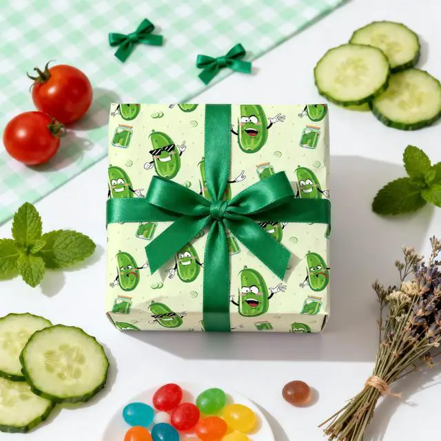 Alt view image 2 of 7 - Funny Pickle Wrapping Paper Roll, Cartoon Pickle Food Pattern Gift Wrap for Birthday, Teens, Food Lovers, Party & Gag Gifts, Mini Roll 17 in x 16.4 Feet
