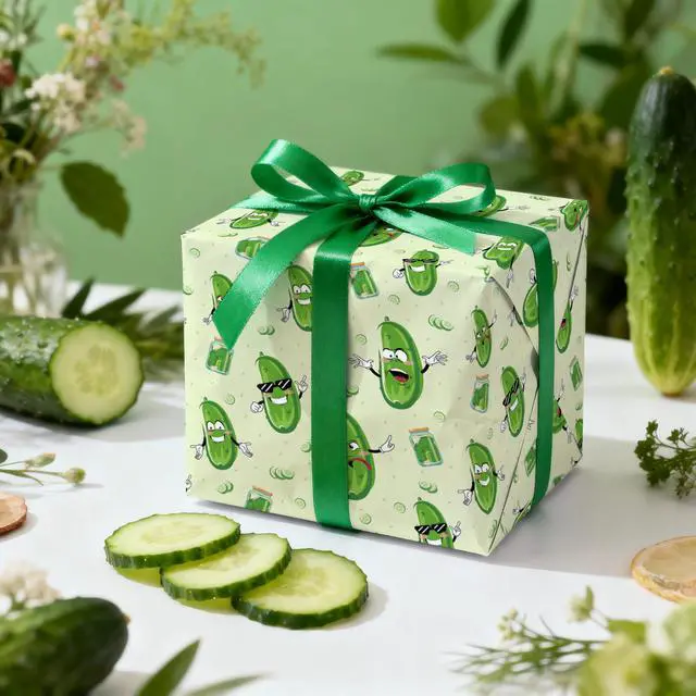 Alt view image 3 of 7 - Funny Pickle Wrapping Paper Roll, Cartoon Pickle Food Pattern Gift Wrap for Birthday, Teens, Food Lovers, Party & Gag Gifts, Mini Roll 17 in x 16.4 Feet