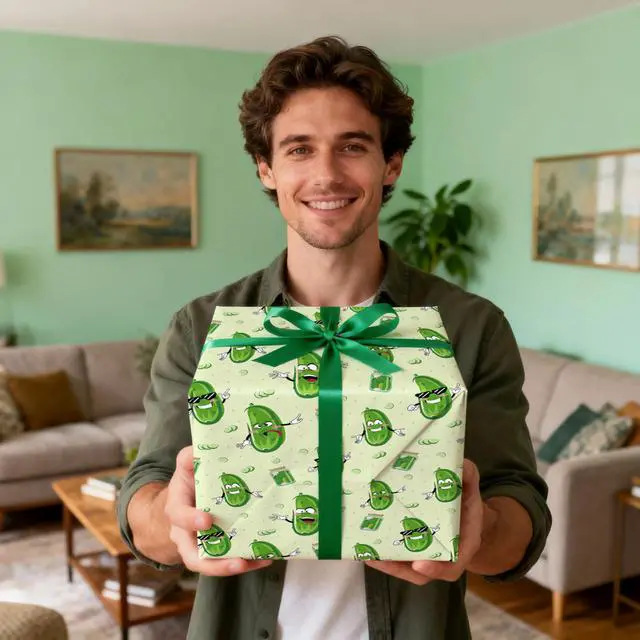 Alt view image 4 of 7 - Funny Pickle Wrapping Paper Roll, Cartoon Pickle Food Pattern Gift Wrap for Birthday, Teens, Food Lovers, Party & Gag Gifts, Mini Roll 17 in x 16.4 Feet