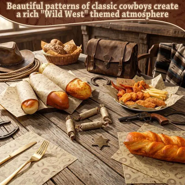 Alt view image 3 of 6 - 150 Pcs Western Deli Wax Paper Sheets 9.8 x 8.3 in Greaseproof Basket Liners & Sandwich Wrappers Waterproof Deli Paper for Picnic Kitchen Picnic, BBQ Supplies(Light Cowboy,Yellow)