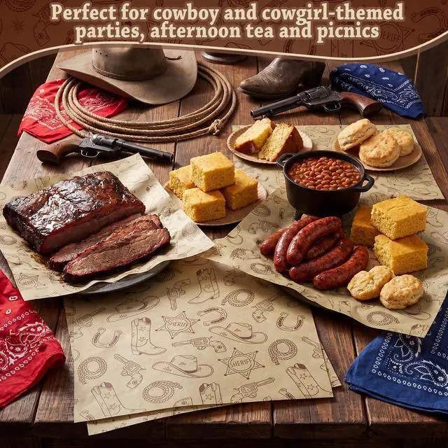 Alt view image 4 of 6 - 150 Pcs Western Deli Wax Paper Sheets 9.8 x 8.3 in Greaseproof Basket Liners & Sandwich Wrappers Waterproof Deli Paper for Picnic Kitchen Picnic, BBQ Supplies(Light Cowboy,Yellow)