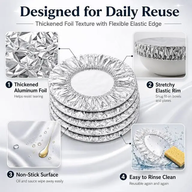 Alt view image 4 of 7 - 50Pack Reusable Aluminum Foil Food Covers Stretchy Elastic Edge Bowl Plate Tray Lids Heat Retaining Food Grade Cover for Picnic Takeout Leftovers Meal Prep BBQ Sandwich Burrito Outdoor Dining