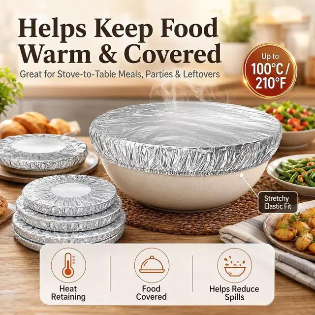 Alt view image 3 of 7 - 50Pack Reusable Aluminum Foil Food Covers Stretchy Elastic Edge Bowl Plate Tray Lids Heat Retaining Food Grade Cover for Picnic Takeout Leftovers Meal Prep BBQ Sandwich Burrito Outdoor Dining