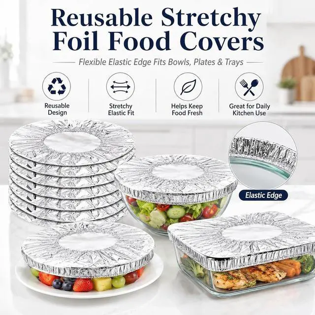 Alt view image 7 of 7 - 50Pack Reusable Aluminum Foil Food Covers Stretchy Elastic Edge Bowl Plate Tray Lids Heat Retaining Food Grade Cover for Picnic Takeout Leftovers Meal Prep BBQ Sandwich Burrito Outdoor Dining