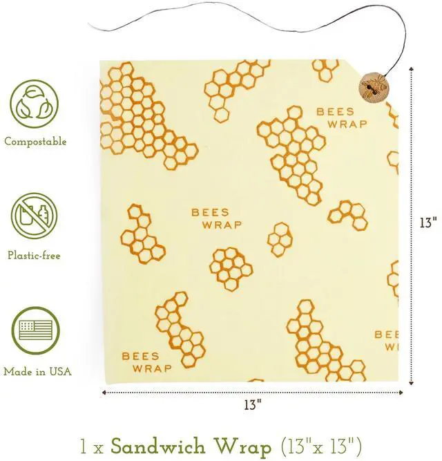Alt view image 2 of 7 - Beeswax Sandwich Wrap - Honeycomb | Button & Tie Closure - Plastic Free - Organic Beeswax Wraps - Reusable Lunch Wrap - Sandwiches & Snacks - Made in USA