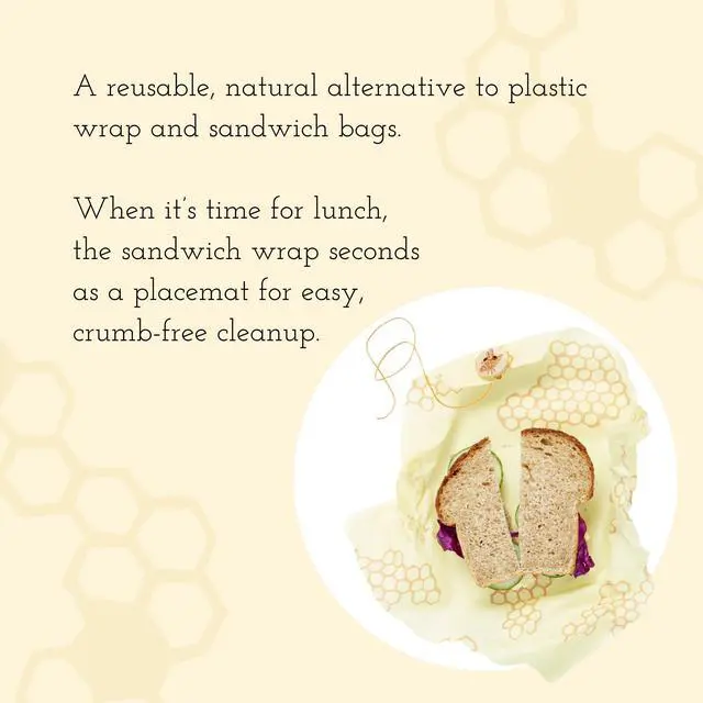 Alt view image 3 of 7 - Beeswax Sandwich Wrap - Honeycomb | Button & Tie Closure - Plastic Free - Organic Beeswax Wraps - Reusable Lunch Wrap - Sandwiches & Snacks - Made in USA