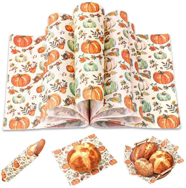 Main image of 150 Pcs Fall Wax Paper Orange Pumpkin Floral Leaves Deli Wrap Watercolor Waterproof Oil-Proof Basket Liners for Autumn Thanksgiving Party Food Sandwich Picnic Supplies