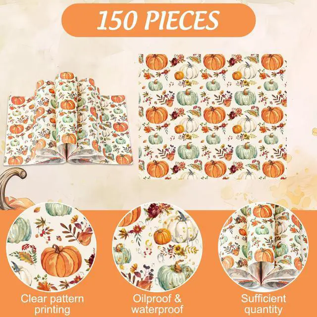 Alt view image 2 of 7 - 150 Pcs Fall Wax Paper Orange Pumpkin Floral Leaves Deli Wrap Watercolor Waterproof Oil-Proof Basket Liners for Autumn Thanksgiving Party Food Sandwich Picnic Supplies