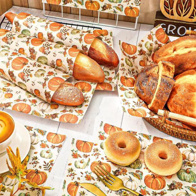 Alt view image 3 of 7 - 150 Pcs Fall Wax Paper Orange Pumpkin Floral Leaves Deli Wrap Watercolor Waterproof Oil-Proof Basket Liners for Autumn Thanksgiving Party Food Sandwich Picnic Supplies