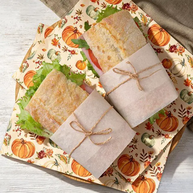 Alt view image 5 of 7 - 150 Pcs Fall Wax Paper Orange Pumpkin Floral Leaves Deli Wrap Watercolor Waterproof Oil-Proof Basket Liners for Autumn Thanksgiving Party Food Sandwich Picnic Supplies