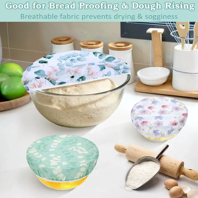 Alt view image 2 of 7 - 5Pcs Reusable Beeswax Elastic Bowl Covers for Bread Proofing and Food Cover | Cotton Cloth Flexible Beeswax Wraps for Sourdough Cover and Food Storage Shower Caps Sourdough Bread Supplies Tools