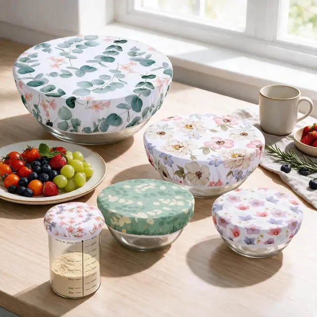 Alt view image 4 of 7 - 5Pcs Reusable Beeswax Elastic Bowl Covers for Bread Proofing and Food Cover | Cotton Cloth Flexible Beeswax Wraps for Sourdough Cover and Food Storage Shower Caps Sourdough Bread Supplies Tools