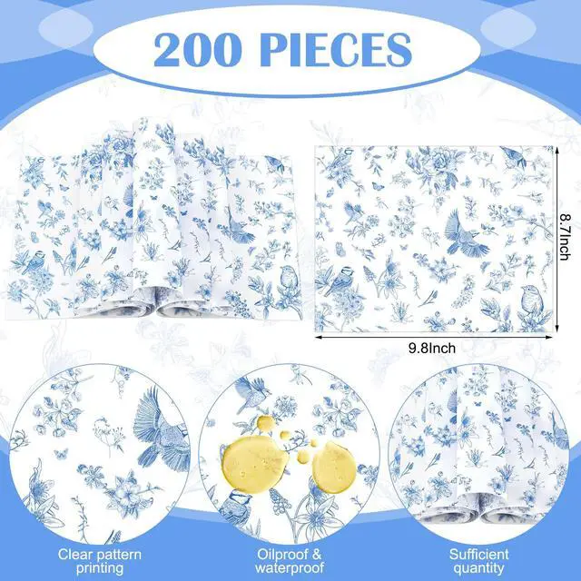 Alt view image 4 of 6 - 200 Pcs Blue Floral Wax Paper Sheet for Food Chinoiserie Bird | Deli Paper Waterproof Sandwich Wrapping Greaseproof Food Basket Liners for Picnic Party Kitchen Supply, 9.8 x 8.7inch