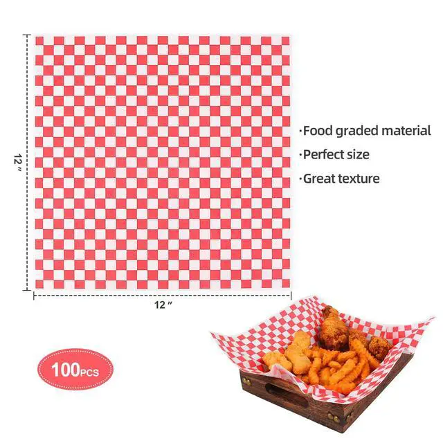 Alt view image 2 of 7 - 100pcs Deli Paper Sheets 12x12", Premium Food Basket Liners, Grease Resistant Wax Paper Sheets for Food, Classic Checkered Sandwich Wrapping Paper for Party, Festival and Outdoors,