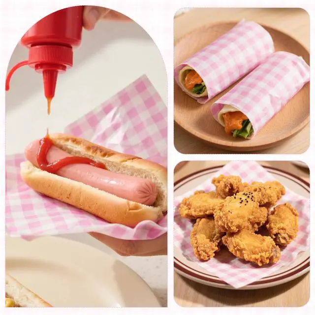 Alt view image 6 of 7 - 100pcs Waxed Deli Paper Sheets, 7x7" Food Basket Liners for Sandwiches, Burgers. Pink Checkered Deli Wrap Wax Paper Sheets by