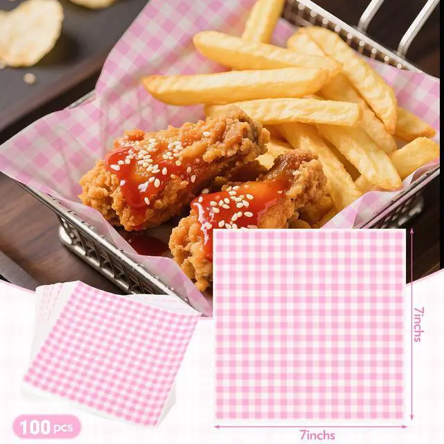 Alt view image 2 of 7 - 100pcs Waxed Deli Paper Sheets, 7x7" Food Basket Liners for Sandwiches, Burgers. Pink Checkered Deli Wrap Wax Paper Sheets by