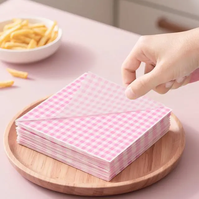 Alt view image 5 of 7 - 100pcs Waxed Deli Paper Sheets, 7x7" Food Basket Liners for Sandwiches, Burgers. Pink Checkered Deli Wrap Wax Paper Sheets by