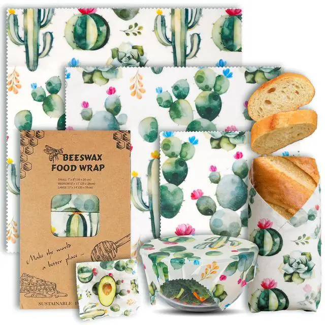 Main image of Cactus Beeswax Wraps, S/M/L 3 Pack Reusable Food Storage | Organic plastic-free sustainable wraps; For bread, sandwiches, cheese, fruit & bowl covering; Eco zero waste food storage