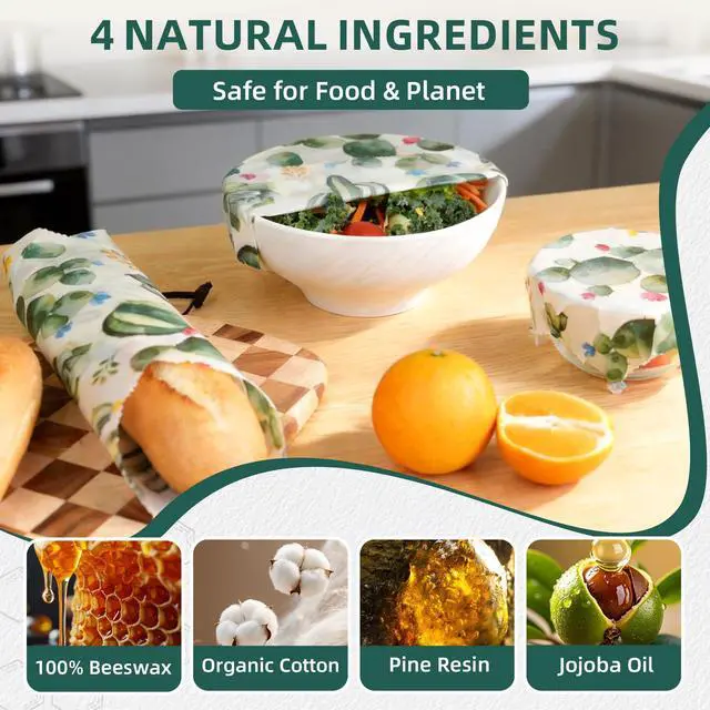 Alt view image 3 of 7 - Cactus Beeswax Wraps, S/M/L 3 Pack Reusable Food Storage | Organic plastic-free sustainable wraps; For bread, sandwiches, cheese, fruit & bowl covering; Eco zero waste food storage
