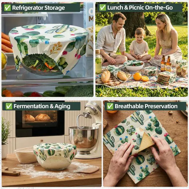 Alt view image 4 of 7 - Cactus Beeswax Wraps, S/M/L 3 Pack Reusable Food Storage | Organic plastic-free sustainable wraps; For bread, sandwiches, cheese, fruit & bowl covering; Eco zero waste food storage