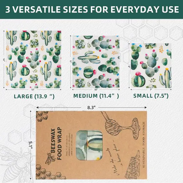 Alt view image 5 of 7 - Cactus Beeswax Wraps, S/M/L 3 Pack Reusable Food Storage | Organic plastic-free sustainable wraps; For bread, sandwiches, cheese, fruit & bowl covering; Eco zero waste food storage
