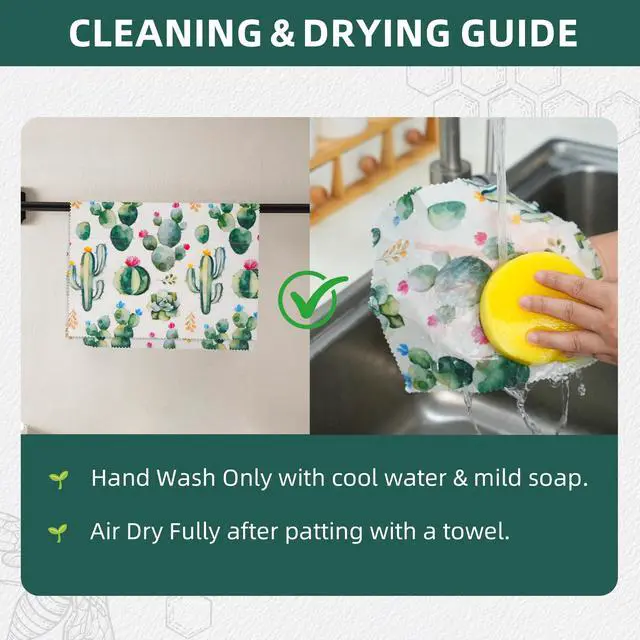 Alt view image 7 of 7 - Cactus Beeswax Wraps, S/M/L 3 Pack Reusable Food Storage | Organic plastic-free sustainable wraps; For bread, sandwiches, cheese, fruit & bowl covering; Eco zero waste food storage