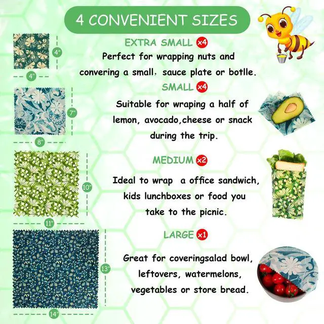Alt view image 3 of 7 - Reusable Beeswax Wrap, 11 Pack Eco-Friendly Beeswax Wraps For Food, Organic, Sustainable, Biodegradable, Zero Waste, Plastic-Free Food Storage (Flowers and Leaves)