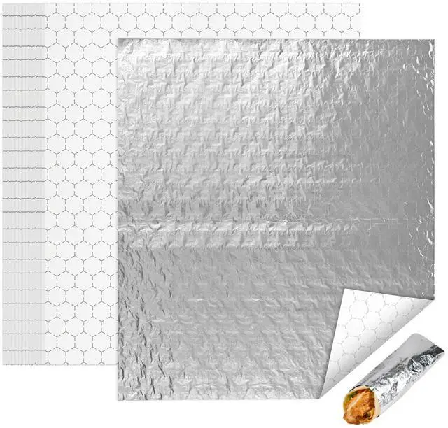 Main image of 100 Pcs Insulated Aluminum Foil Sandwich Wrap Sheets, 14" x 16" | Non-Stick, Pre-Cut, Waterproof & Grease-Resistant, Heat Retains Food Freshness, for Burger, Burrito, Hot Dog