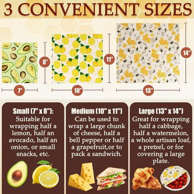 Alt view image 3 of 6 - Beeswax Food Wrap, 9-Pack Reusable Food Storage in 3 Sizes (5S/3M/1L), Fruit Pattern, Plastic-Free, for Bread, Cheese, Produce