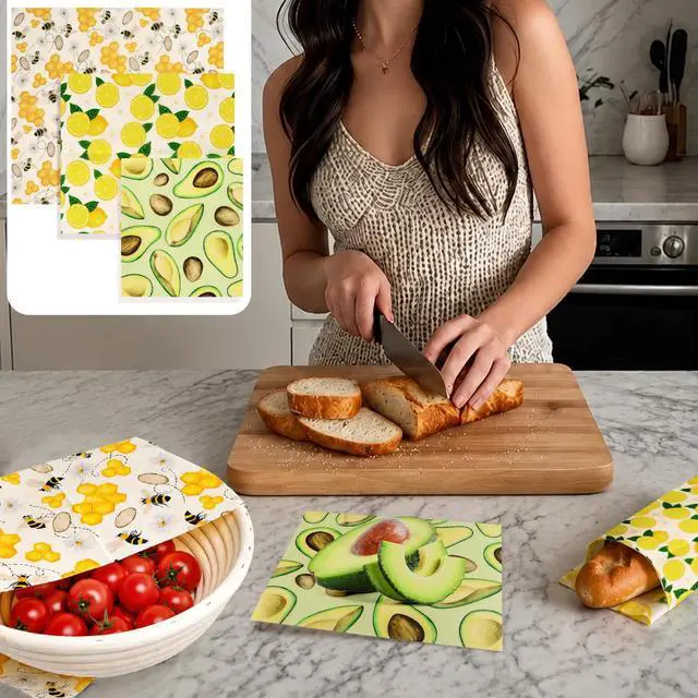 Alt view image 6 of 6 - Beeswax Food Wrap, 9-Pack Reusable Food Storage in 3 Sizes (5S/3M/1L), Fruit Pattern, Plastic-Free, for Bread, Cheese, Produce