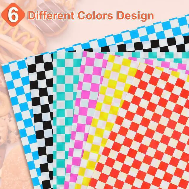 Alt view image 3 of 7 - Paper Sheets 126P, 11.5x11.5 In Checkered Sandwich Paper Wraps, 6 Colors Basket Liners For Food Serving, Grease Resistant Burger Wrappers for BBQ, Picnic, Party(Colorful)