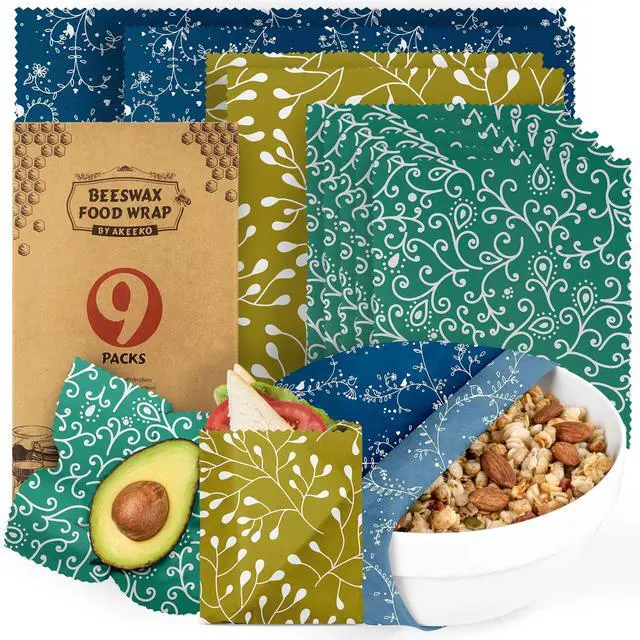 Main image of Reusable Beeswax Food Wraps - Assorted 9 Packs, Reusable, Plastic-Free Food Storage, 5 Small, 2 Medium, 1 Large, 1 Extra Large Wraps with Abstract Curves Pattern