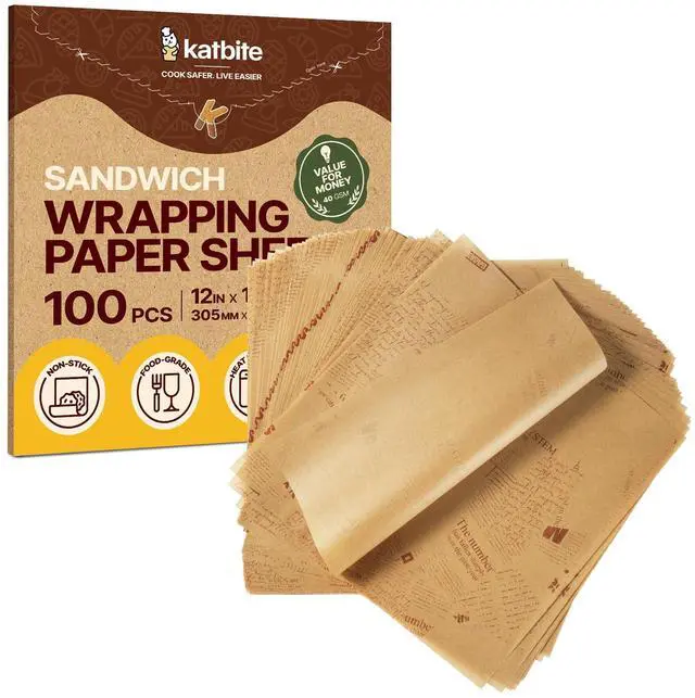 Main image of 12 Inch Food Wrapping Paper 100PCS, Printed Greaseproof Deli Paper | Unbleached Parchment Paper Wrapping Sheets, Ideal for Bread, Burgers & Sandwiches, Vintage Newsprint, Food-Grade