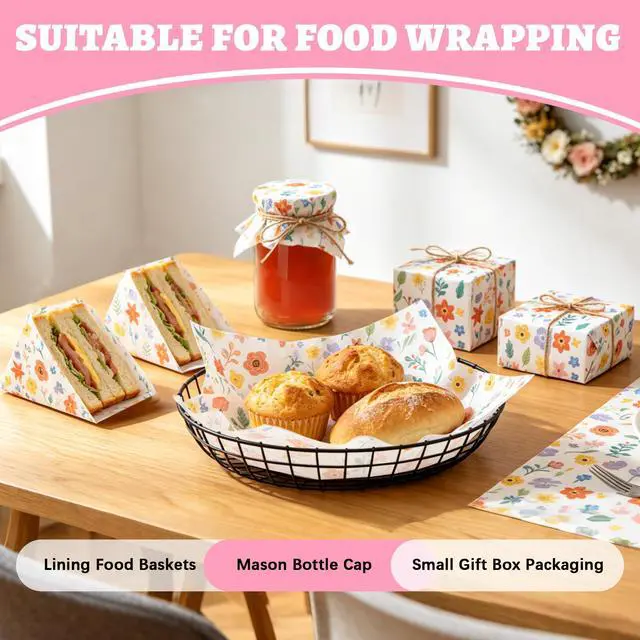 Alt view image 3 of 7 - 100 PCS Dry Waxed Deli Paper Sheets, 12x12 inch Sandwich Wrapping Pink Checkered, Greaseproof Food Basket Liners for Burger, Wax Paper Sheets for Wrapping Bread (Flowers-Red&Yellow)