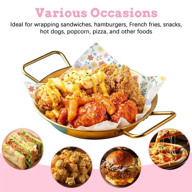 Alt view image 5 of 7 - 100 PCS Dry Waxed Deli Paper Sheets, 12x12 inch Sandwich Wrapping Pink Checkered, Greaseproof Food Basket Liners for Burger, Wax Paper Sheets for Wrapping Bread (Flowers-Red&Yellow)