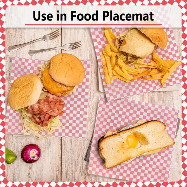 Alt view image 5 of 7 - 12 x 12" Grease Resistant Deli Paper Precut Sheets, 100 Pcs | Red & White Checker, Food Basket Liners, Sandwich Wrapping Paper, for Deli Food, BBQ, Picnic, Party