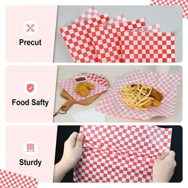 Alt view image 3 of 7 - 12 x 12" Grease Resistant Deli Paper Precut Sheets, 100 Pcs | Red & White Checker, Food Basket Liners, Sandwich Wrapping Paper, for Deli Food, BBQ, Picnic, Party