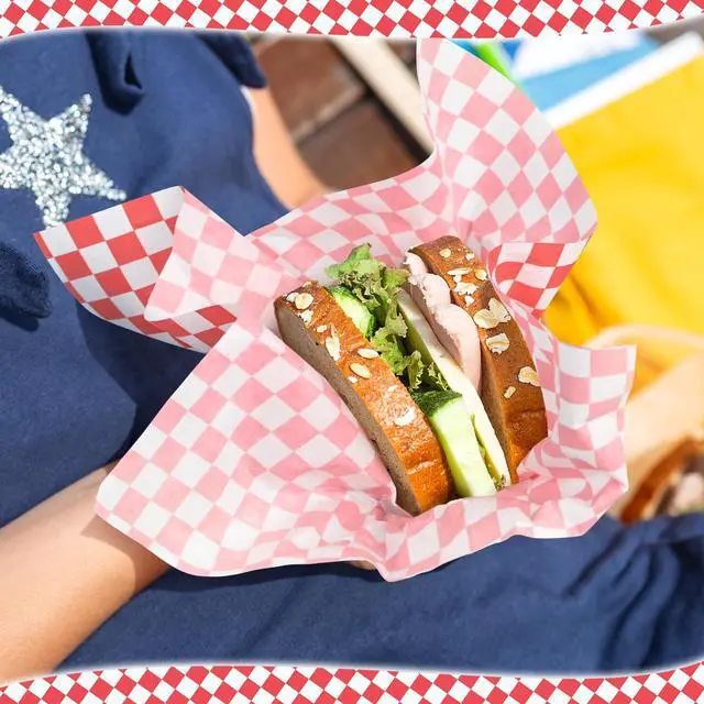 Alt view image 7 of 7 - 12 x 12" Grease Resistant Deli Paper Precut Sheets, 100 Pcs | Red & White Checker, Food Basket Liners, Sandwich Wrapping Paper, for Deli Food, BBQ, Picnic, Party