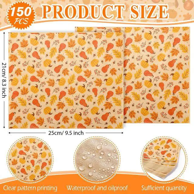 Alt view image 2 of 7 - 150 Pcs 150 Pcs Fall Wax Paper Sheet, Pumpkin,Maple Leaf,Gourd,Acorn | Autumn Food Wrap Grease Resistant Liners, Thanksgiving Waterproof Wrapping Tissue, Food Picnic Paper for Kitchen
