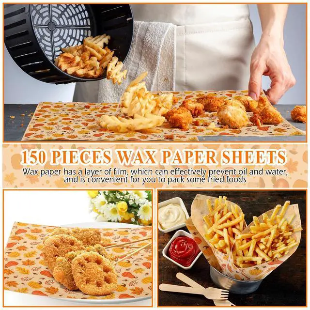 Alt view image 5 of 7 - 150 Pcs 150 Pcs Fall Wax Paper Sheet, Pumpkin,Maple Leaf,Gourd,Acorn | Autumn Food Wrap Grease Resistant Liners, Thanksgiving Waterproof Wrapping Tissue, Food Picnic Paper for Kitchen