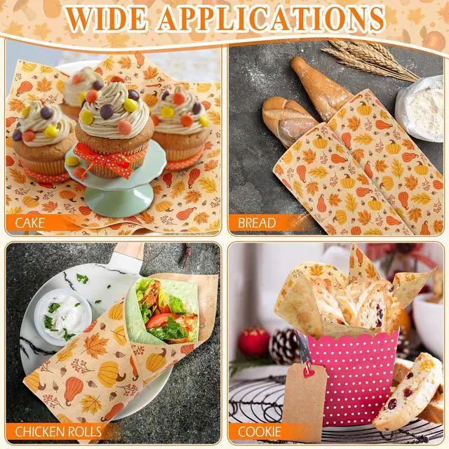 Alt view image 4 of 7 - 150 Pcs 150 Pcs Fall Wax Paper Sheet, Pumpkin,Maple Leaf,Gourd,Acorn | Autumn Food Wrap Grease Resistant Liners, Thanksgiving Waterproof Wrapping Tissue, Food Picnic Paper for Kitchen