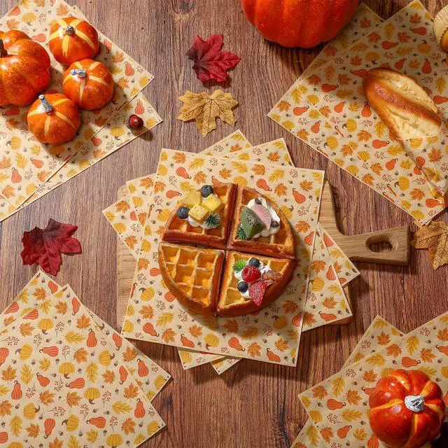 Alt view image 7 of 7 - 150 Pcs 150 Pcs Fall Wax Paper Sheet, Pumpkin,Maple Leaf,Gourd,Acorn | Autumn Food Wrap Grease Resistant Liners, Thanksgiving Waterproof Wrapping Tissue, Food Picnic Paper for Kitchen