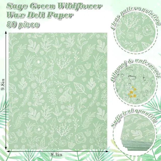 Alt view image 2 of 7 - 150 Sheets Sage Green Wildflowers Wax Deli Paper, 9.8 x 8.3 Green Wildflowers Greaseproof Food Wax Deli Paper for Birthday Sandwich Wrapping Baby Shower Party Snack Decor