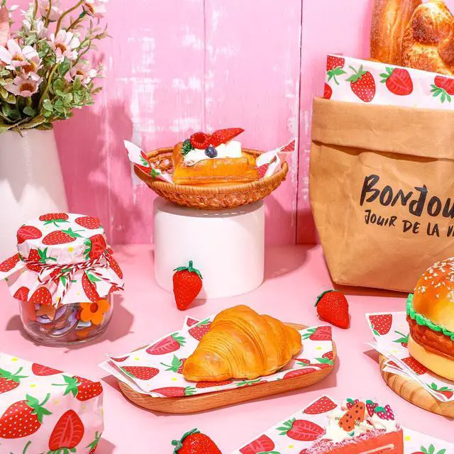 Alt view image 4 of 7 - 150 Sheets Strawberry Wax Paper Cute Summer Fruit Spring Daisy Food Wrapper Tissue Pink Red Waterproof Oil-Proof Deli Paper Basket Liners for Home Kitchen Restaurant Baking