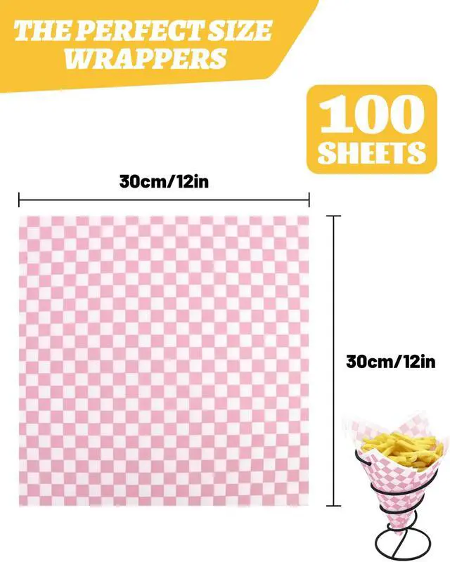 Alt view image 3 of 6 - Paper Sheets 12x12", Pink Checkered Sandwich Wrapping Paper for Party 100 Sheets, Resistant Food Basket Liners, Waxed Deli Paper
