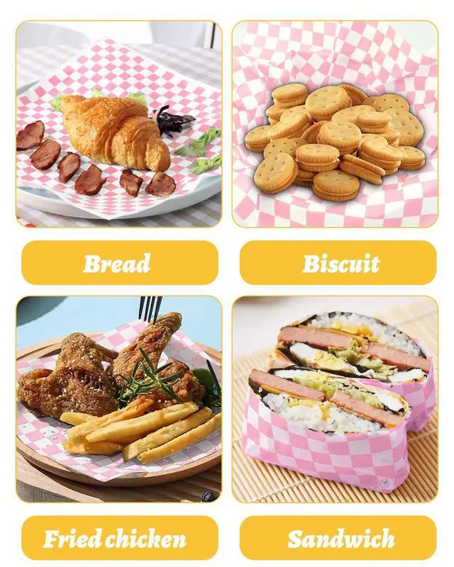 Alt view image 4 of 6 - Paper Sheets 12x12", Pink Checkered Sandwich Wrapping Paper for Party 100 Sheets, Resistant Food Basket Liners, Waxed Deli Paper