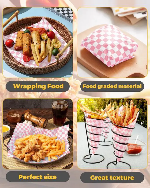 Alt view image 6 of 6 - Paper Sheets 12x12", Pink Checkered Sandwich Wrapping Paper for Party 100 Sheets, Resistant Food Basket Liners, Waxed Deli Paper