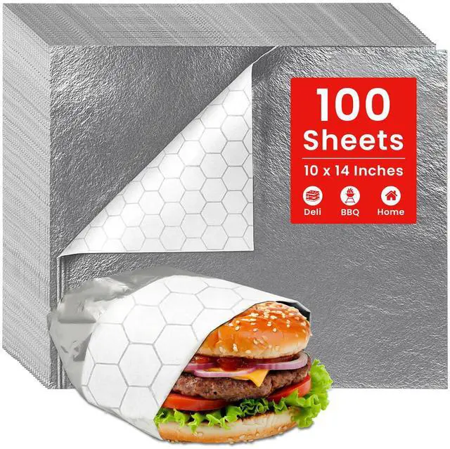 Main image of 100 Sheets - Sandwich Wrapping Paper Sheets With Foil Backing - Burrito Wrappers Sandwich Paper Wraps - Food Wrapping Deli Wraps - 10.5 x 14 Inches