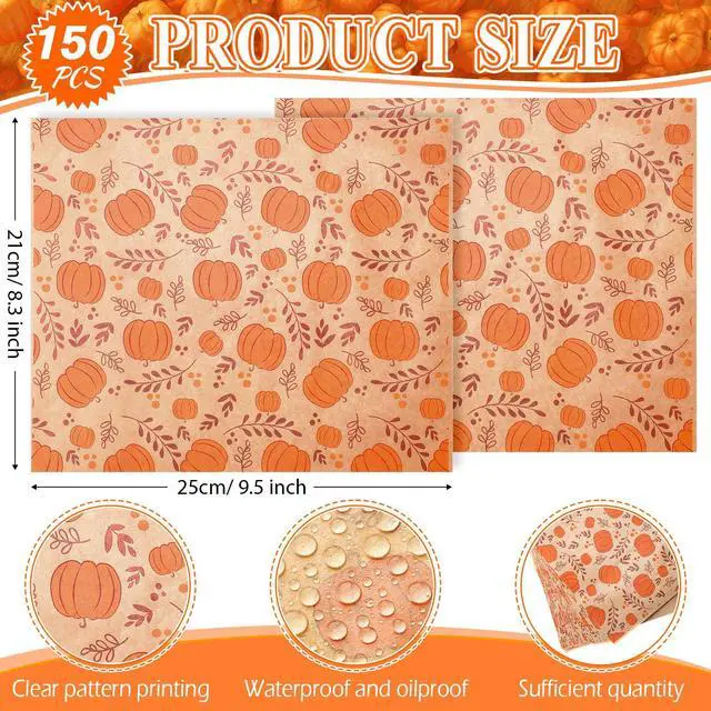 Alt view image 2 of 7 - 150 Pcs 150 Pcs Fall Wax Paper Sheet, Pumpkins | Autumn Food Wrap Grease Resistant Liners, Thanksgiving Waterproof Wrapping Tissue, Food Picnic Paper for Kitchen